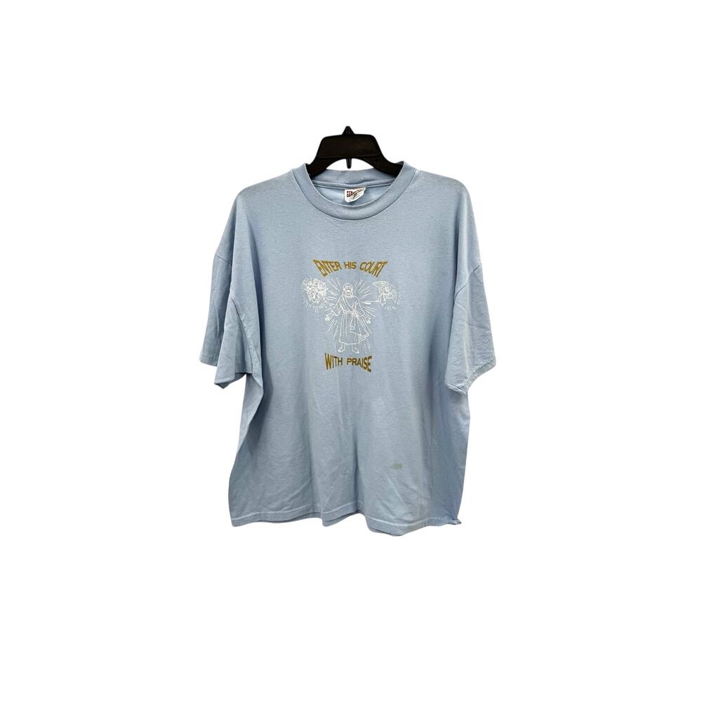 Vintage 90s Christian T-Shirt Enter His Court With Praise Light Blue Adult XL